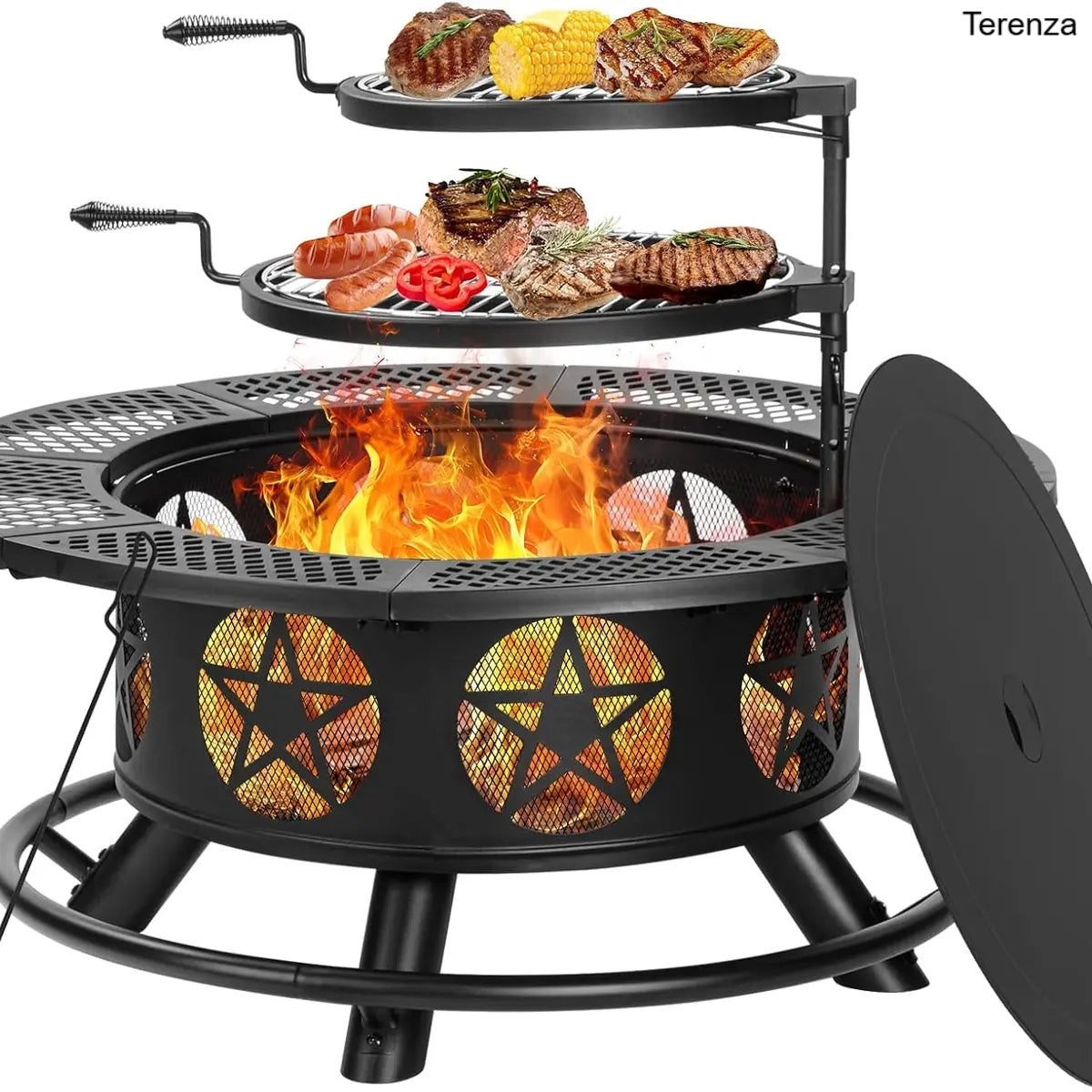 47" Wood Burning Fire Pit with 2 Grills, Lid & Poker – 3-in-1 Outdoor BBQ Table