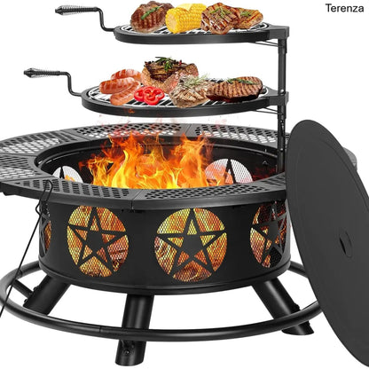 47" Wood Burning Fire Pit with 2 Grills, Lid & Poker – 3-in-1 Outdoor BBQ Table