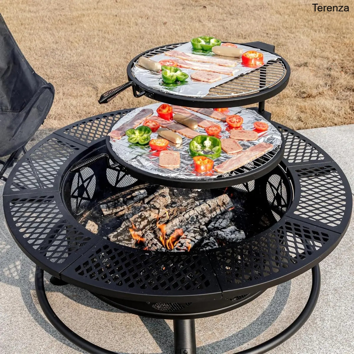 47" Wood Burning Fire Pit with 2 Grills, Lid & Poker – 3-in-1 Outdoor BBQ Table