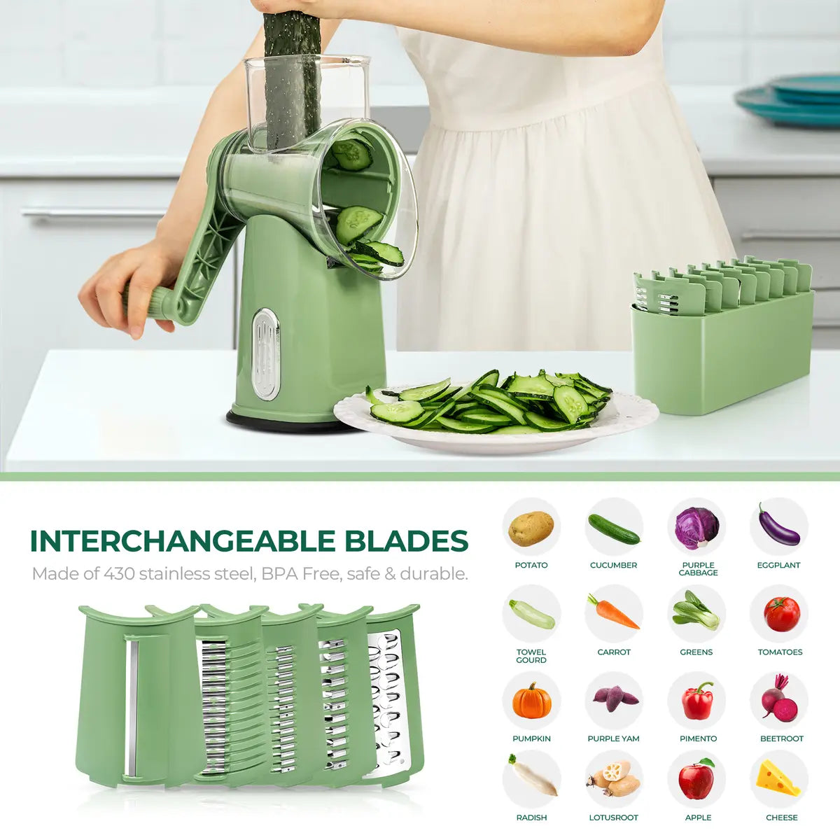 Rotary Cheese Grater with 5 Blades & Strong Suction Base