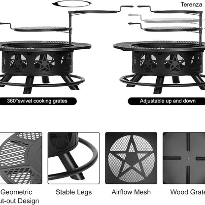 47" Wood Burning Fire Pit with 2 Grills, Lid & Poker – 3-in-1 Outdoor BBQ Table