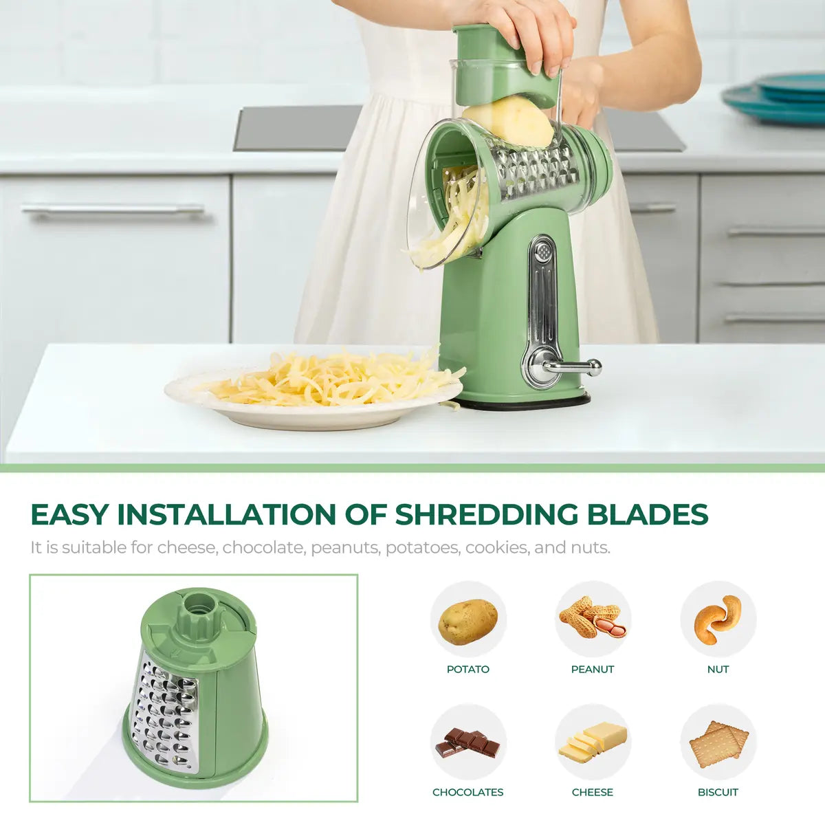 Rotary Cheese Grater with 5 Blades & Strong Suction Base