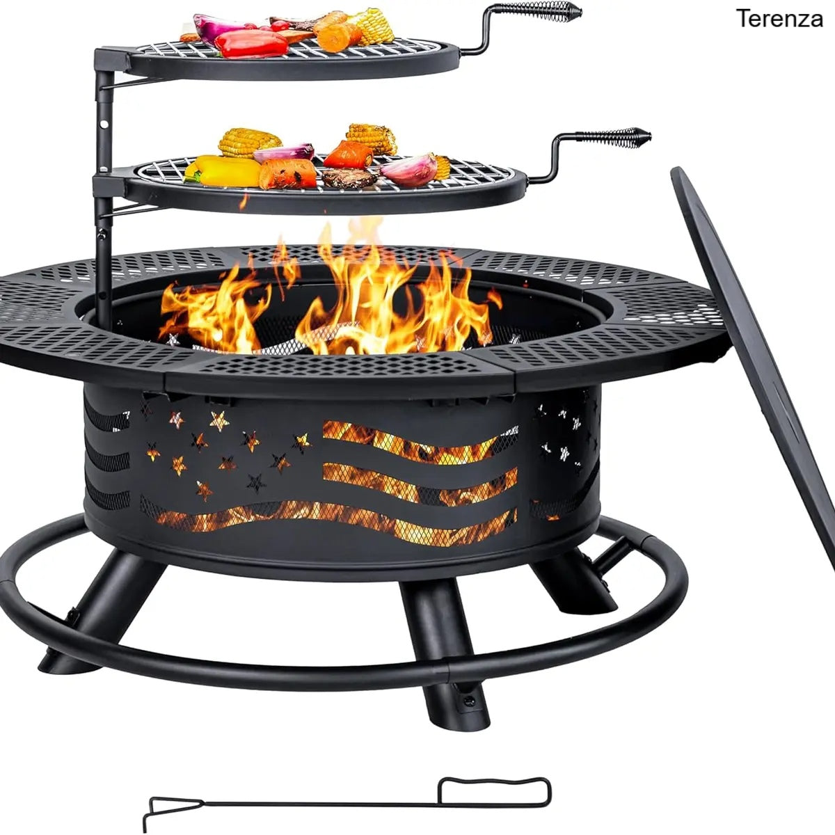 47" Wood Burning Fire Pit with 2 Grills, Lid & Poker – 3-in-1 Outdoor BBQ Table