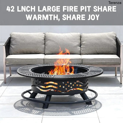 47" Wood Burning Fire Pit with 2 Grills, Lid & Poker – 3-in-1 Outdoor BBQ Table