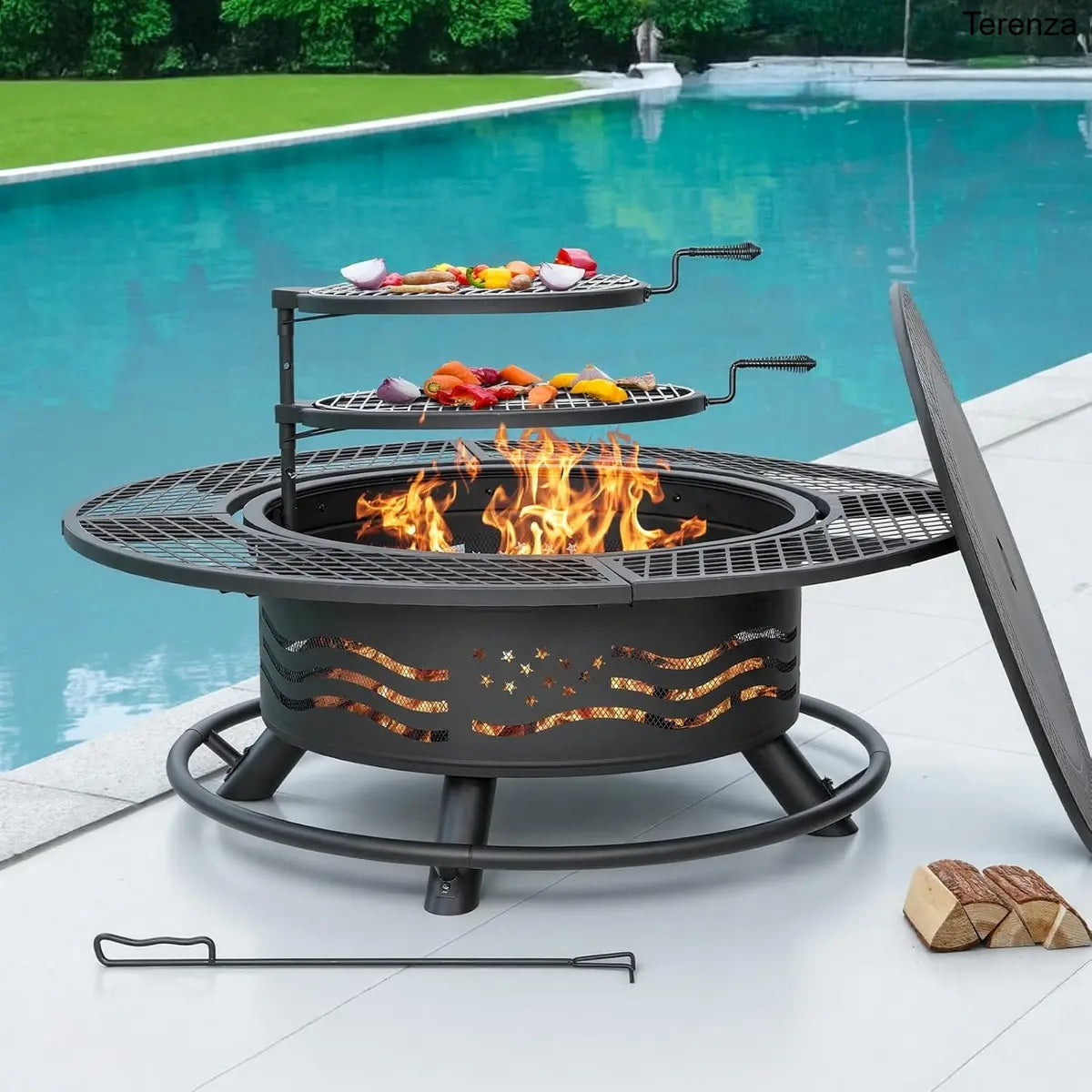 47" Wood Burning Fire Pit with 2 Grills, Lid & Poker – 3-in-1 Outdoor BBQ Table