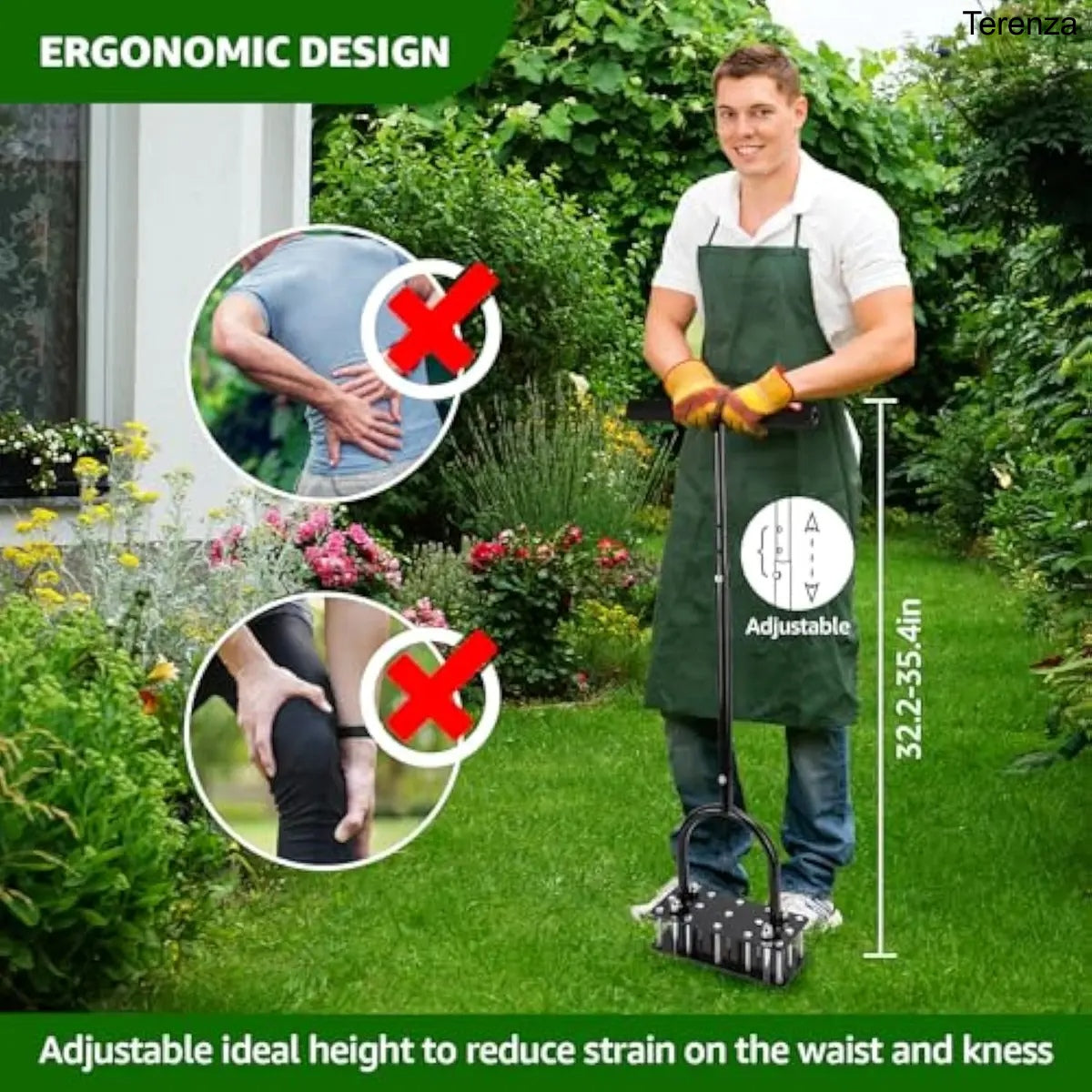 Lawn Aerator Tool – 15 Iron Spikes, Height Adjustable