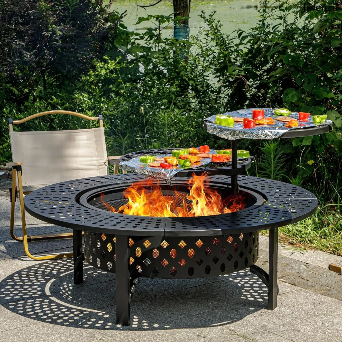 47" Wood Burning Fire Pit with 2 Grills, Lid & Poker – 3-in-1 Outdoor BBQ Table