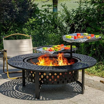 47" Wood Burning Fire Pit with 2 Grills, Lid & Poker – 3-in-1 Outdoor BBQ Table