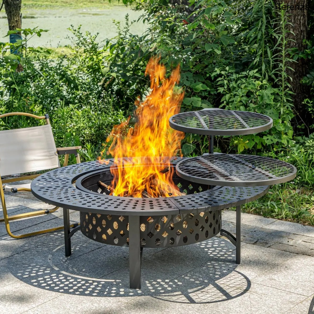 47" Wood Burning Fire Pit with 2 Grills, Lid & Poker – 3-in-1 Outdoor BBQ Table
